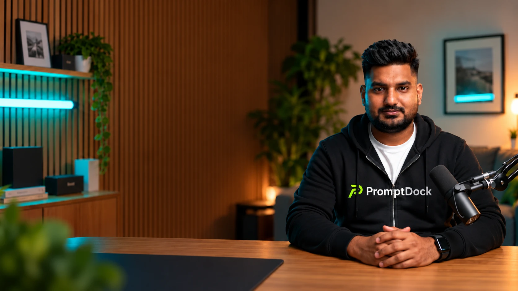 Abdul Mohammed, founder of Prompt Dock, at his desk in a Prompt Dock hoodie