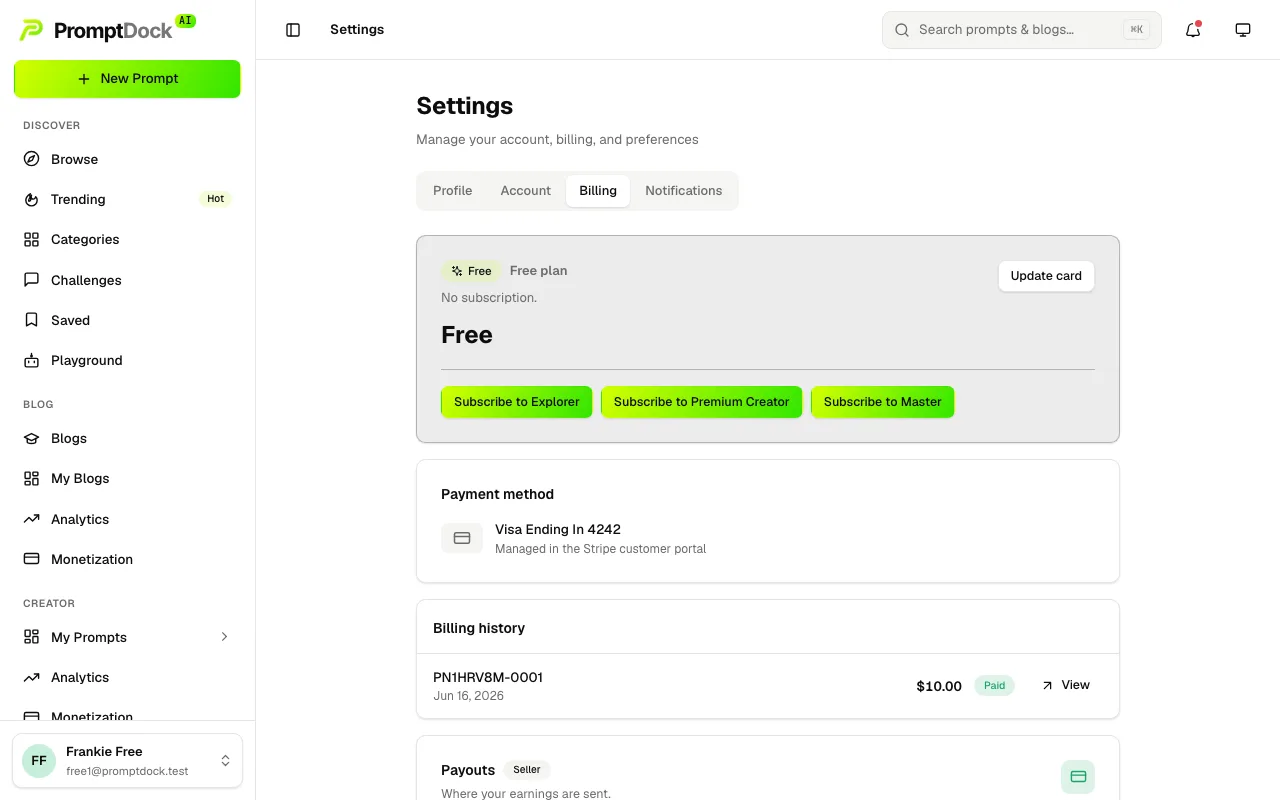 The billing tab showing your current plan and subscription controls
